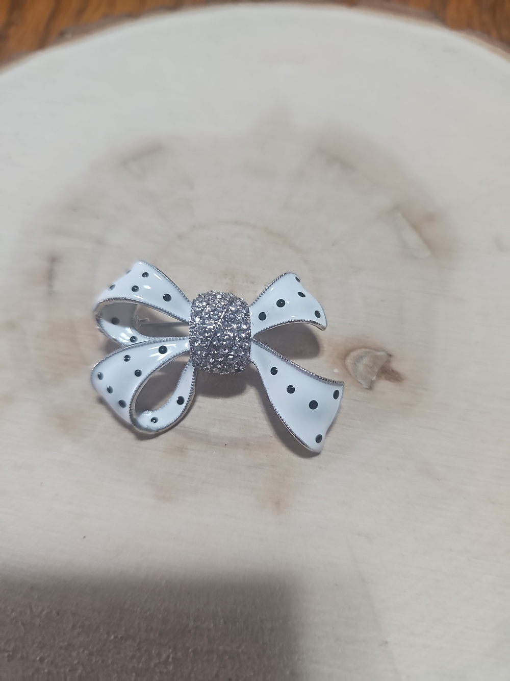 White Polka Dot Bow Hair Clip with Rhinestone Center - Kids Accessories